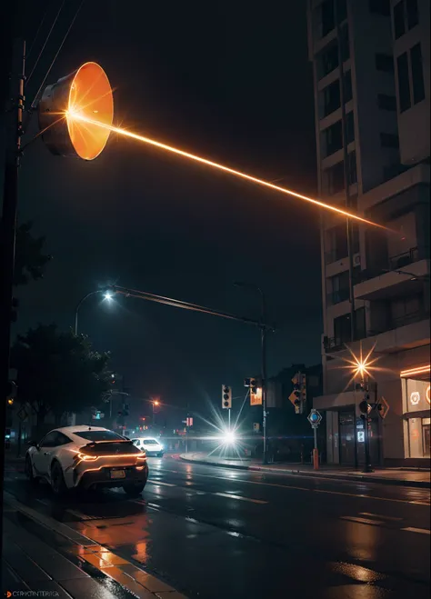 there are three lights that are on a street light, lense flares, cinematic lights hyperdetailed, street lamps with orange light, volumetric search lights, photorealistic render in octane, streetlamps with orange light, hyperrealistic octane render, laser b...