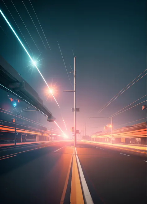 there are three lights that are on a street light, lense flares, cinematic lights hyperdetailed, street lamps with orange light, volumetric search lights, photorealistic render in octane, streetlamps with orange light, hyperrealistic octane render, laser b...