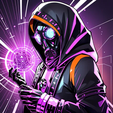 A man with gas mask with neon lights, looking at an unknown shiny object with engraving patterns, the object is black with grooves and engravings that reveal a white and shiny content, white hood, gas mask, gas mask orange lights, X-shaped eyes, X-shaped e...