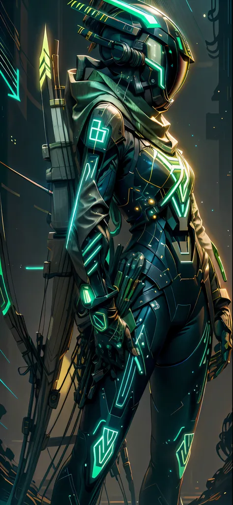 ,realistic,shiny,reflective,bioluminic, galactic cybernetic mask,mecha,female,(green lineart),(archery:1.2),((((scarf,long bow,quiver,arrows,tron helmet)))),sh4g0d,GlowingRunes_green,fullbody,cinemnatic,dark background,starry,big moon,backlight,high contra...