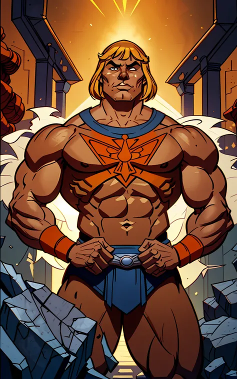 he-man, masterpiece, best quality, intricate, high detailed, absurdres, perfect, 1man, solo, muscular, abs, blonde hair, blunt bangs, wristband, manly, orange hair, heroic stance, dark dungeon, volumetric lighting, realistic, photorealistic, inked, light f...