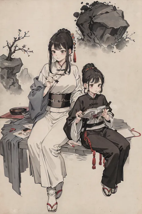 (masterpiece, best quality: 1.2), traditional Chinese ink painting, two children