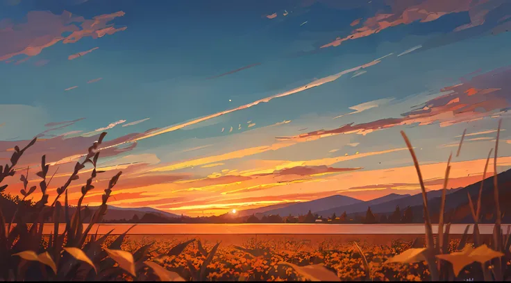 masterpiece, best quality, flower field, depth of field, dusk, orange sky, sunset, glow, lake, autumn, willow, fallen leaves