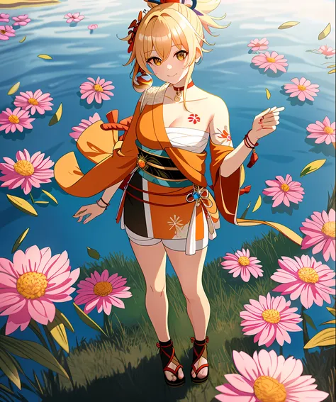 ((masterpiece)), (best quality:1.7), (detailed:1.4), (high res:1.4), 8k, (colorful:1.5), 2d, high resolution, sharped image, 4k, hd, yoimiya(genshin impact), shimenawa, kimono, nail polish, bandaged leg, cleavage, tattoo, single fingerless glove, fingerles...