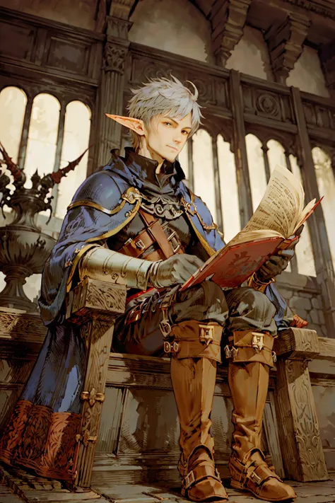 (masterpiece), best quality, (((final fantasy tactics - akihiko yoshida))), a close-up photoof an elf male mage, 30s, messy hair...