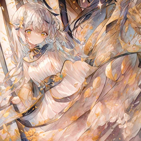{{best quality}},{llustration},{beautiful detailed eyes},dynamic angle, 1 girl, (masterpiece, best quality:1.2),white hair,yellow eyes,cute face,loli face,white halter dress,{{border}},light,solo,{{white beret}},small breasts,loli,{{full body}},stereogram,...