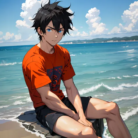 Best quality: 1.0), (Super High Resolution: 1.0), Anime, teenager, short black hair, orange t-shirt, blue eyes, sitting in front of the sea,