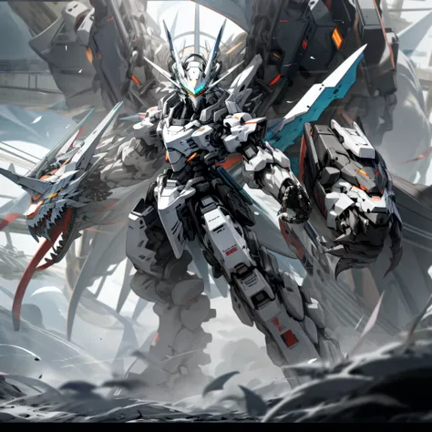 white and black mecha, dragon helmet, claw weapons