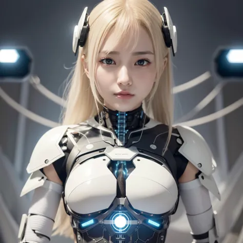 wears complex bioluminescent mechanical cyborg armor made of 1mechanical_girl (old plastic in white beige), ((ultra-realistic de...