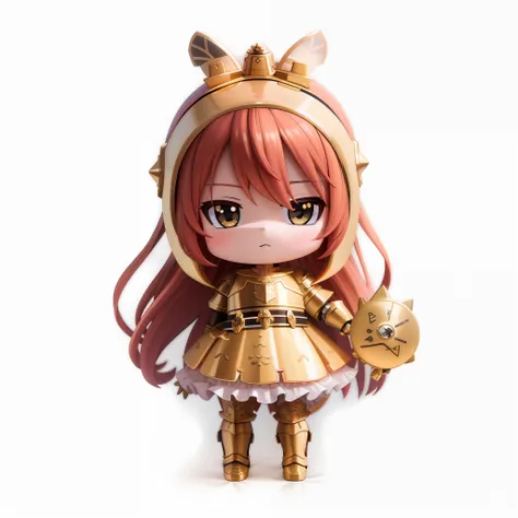 a close-up of a doll with a golden costume, nendroid, style as nendoroid, armor warrior, shield in left hand, short sword in rig...