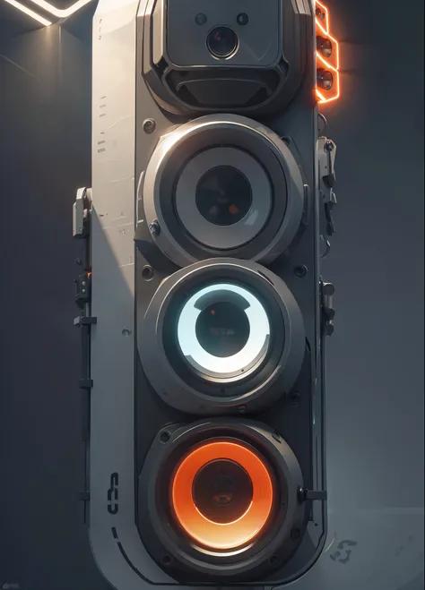a plastic producr design of traffic lights with three orange lights, (masterpiece), (best quality), photorealistic, 8k raw photo, ultra high res, mechanics, mechanical parts, product photo, studio shot, complex lighting, black background studio