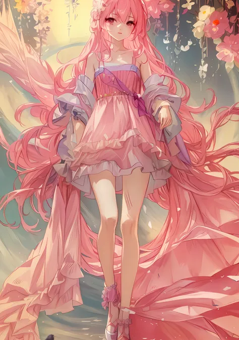 the beautiful girl imperial sister wears a flowing costume of lolita shoes, long pink hair with a white-gold dress and white sho...