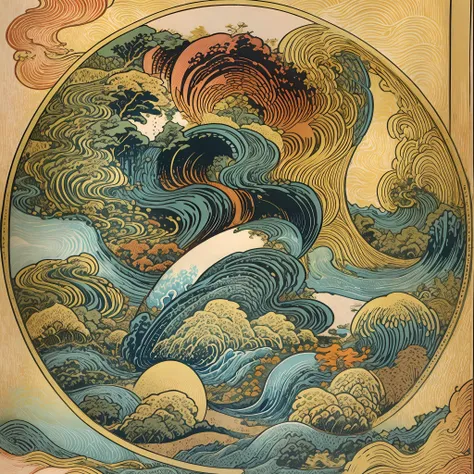 natural color design drawing with katsushika hokusai-style line drawing. hokusai-style waves, detailed illustrations of pattern ...