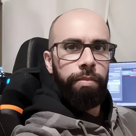 Arafed man with glasses and beard sitting in front of a computer, twitch streamer/gamer Ludwig, profile picture 1024px, cartoon, 3d,snthwve nvinkpunk style