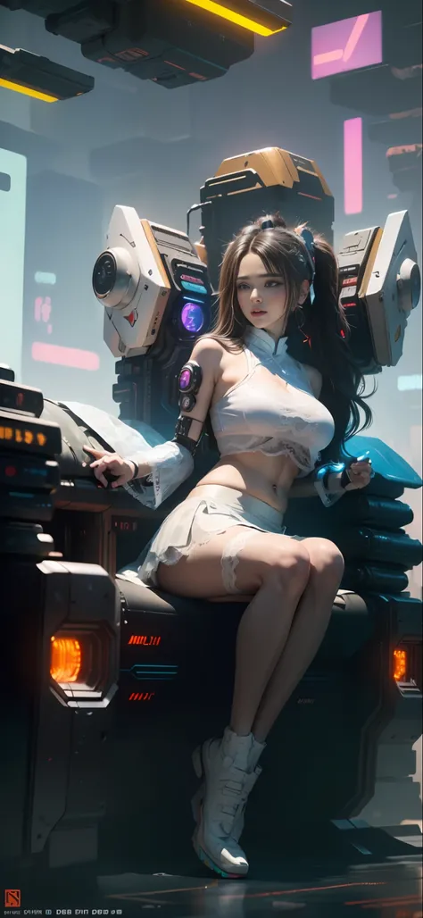 ((Best quality)), ((masterpiece)), (highly detailed:1.3), 3D, beautiful, (cyberpunk:1.6), in space, nebula, (holding_weapon:1.3), laser, (1Female mecha:1.3), sexy body, facing the audience, Glowing eyes, full body, (flying, swooping down, dynamic, motion b...