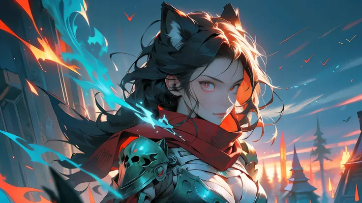 (Green + Red Flame: 1.5+ Complex Skeleton Armor + Armor: Wolf Skull Decoration on the Shoulder + Red Scarf Swaying in the Wind), (A Charming Girl + Delicate Facial Features + Red Glowing Eyes), The background is Hell, The skull souls with red light on both...