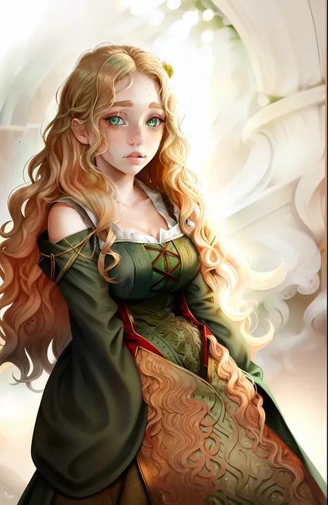 ((woman)), ((wavy blonde hair)), ((medieval dress)), (((green eyes)), ((freckles on face))