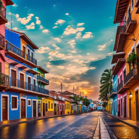 a street of salvador in bahia themed to the são joão with flags and some people passing in the background of the image, not havi...