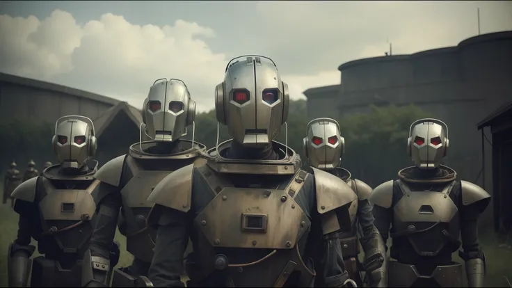there are two robots that are standing next to each other, by emmanuel lubezki, dieselpunk style, featured on vimeo, а fantasy proto-slavic mythology, steam punk party, war boys, forest punk, high collar, by Matt Stewart, cory behance hd, by David Firth, —...