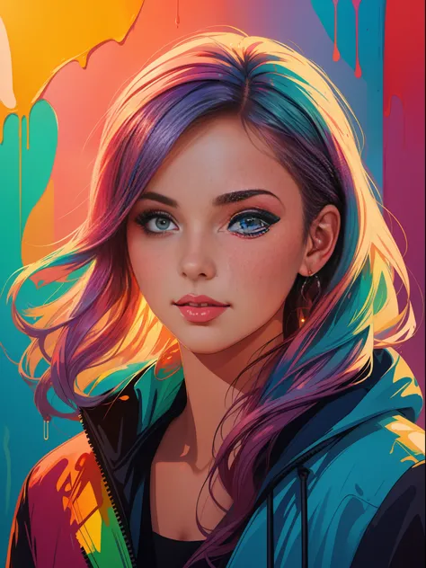 1 beautiful woman with colorful background and ultra realistic picture,pastel colors,bright designer,paint drips, autumn lights,...