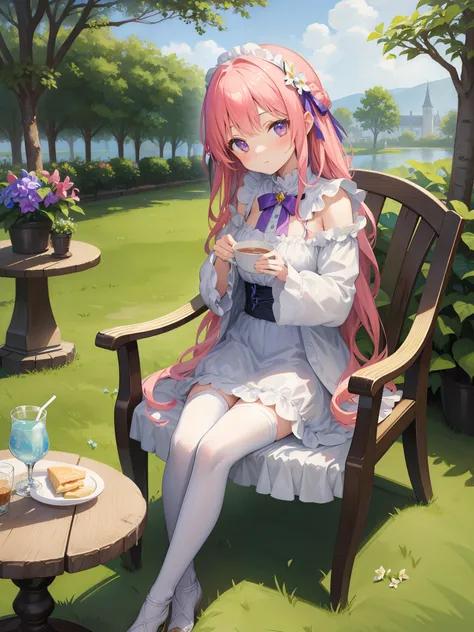 Ultra-detailed, best quality, stunningly artwork of a beautiful girl sipping on a warm cup of milk , surrounded by cheerful hyacinth flowers, sitting on a patio chair, and a cozy atmosphere.👻🪻🥛💖 kawaii, comfy, cozy