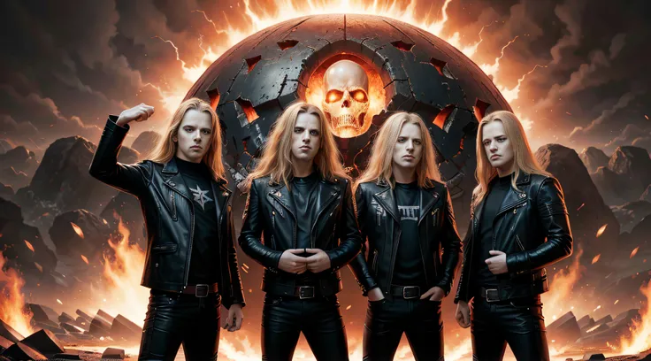 Three boys in leather clothes standing in front of a big explosion style portrait,infernal , Heavy metal band promo, Thrash metal, Heavy Rock band promo photo, Arch Enemy, Burning in Hell, New Wave of British Heavy Metal, Long Blonde Flaming Hair, Heavy Me...