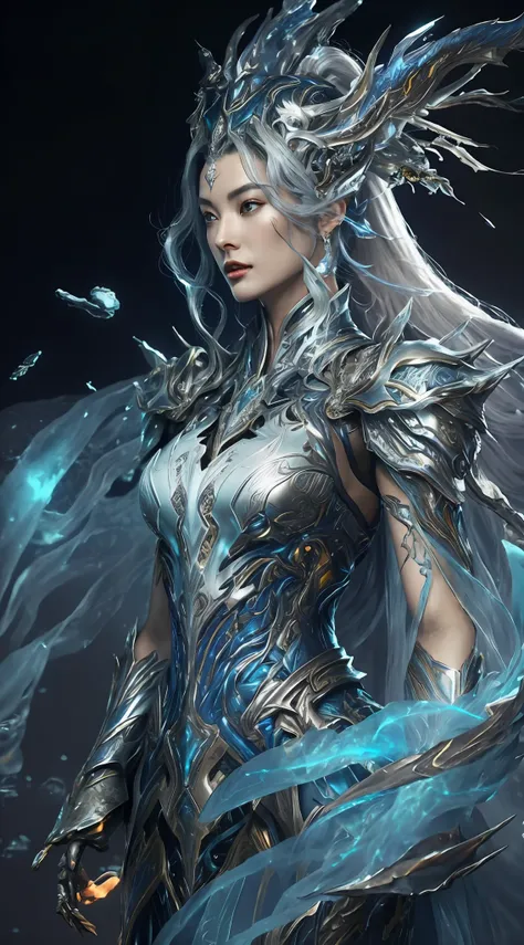 a close up of a woman in a silver and blue dress, chengwei pan on artstation, by yang j, detailed fantasy art, stunning characte...