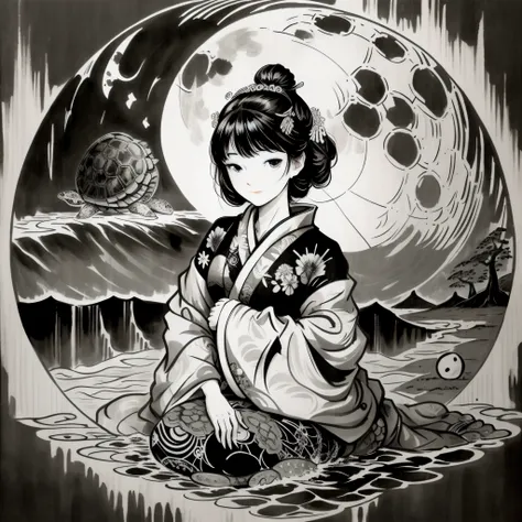 ink-printed woodcut style 27-year-old japanese woman in kimono astride a large tortoise looking at the moon sea in the backgroun...