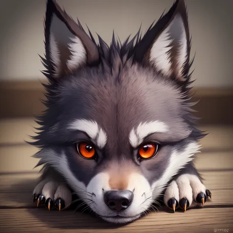 there is a drawing of a wolf with red glowing eyes lying on a wooden floor, adorable digital painting, ultra-realistic illustrat...