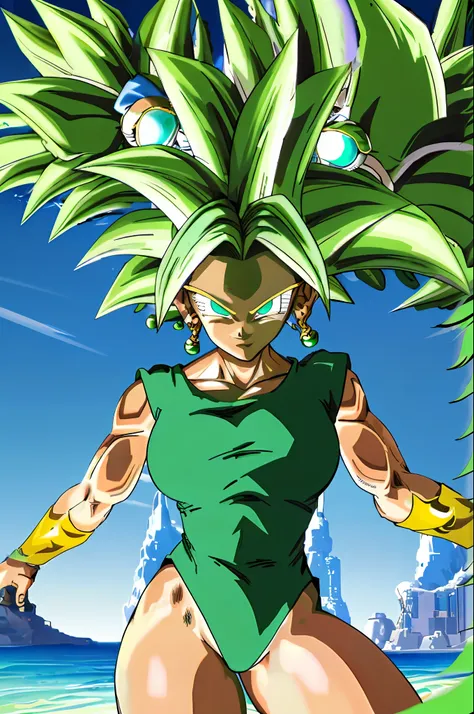 (best quality, masterpiece), green hair, green earrings, (blue leotard) toned, smug, smirk, kefla, thin waist, backlight, ((thick thighs)) (muscle)