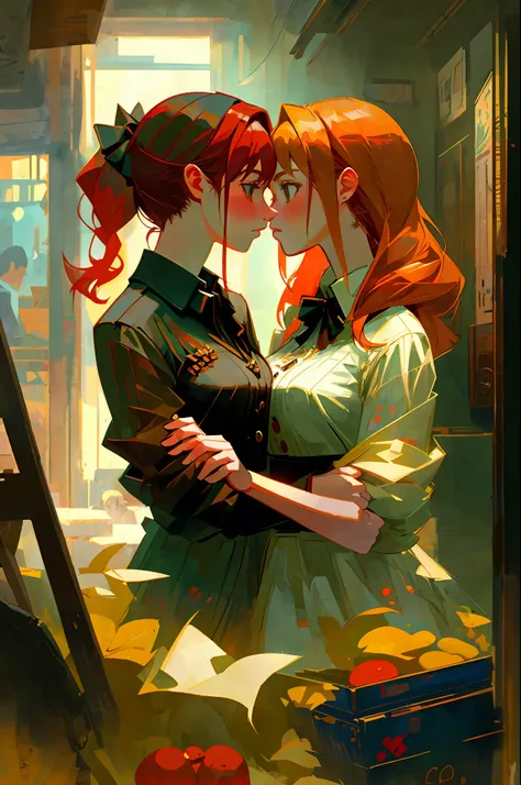 fantastic realism, bokeh,  ultra detailed, 2girls facing each other, chest against chest, kiss, red head and blond girl, underwe...