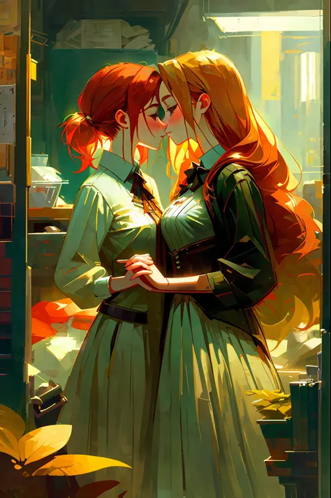 fantastic realism, bokeh,  ultra detailed, 2girls facing each other, chest against chest, kiss, red head and blond girl, underwe...