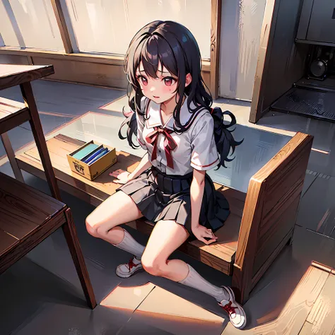 one girl, 17-year-old schoolgirl in a japan sailor suit, black hair, petite, closed eyes, black hair long hair (((((school unifo...