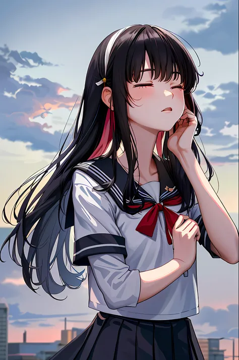 Cowboy shot,1 girl, 17 year old schoolgirl in Japan sailor suit, black hair, petite, closed eyes, black hair long hair ((((school uniform)))), ((masterpiece, highest quality, highest quality, official art, beautiful and aesthetic: 1.2), extreme detail, col...