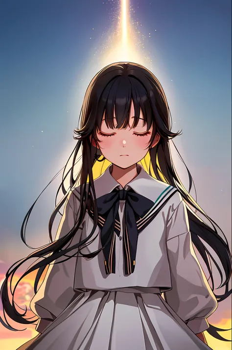 Cowboy shot,1 girl, 17 year old schoolgirl in Japan sailor suit, black hair, petite, closed eyes, black hair long hair ((((school uniform)))), ((masterpiece, highest quality, highest quality, official art, beautiful and aesthetic: 1.2), extreme detail, col...