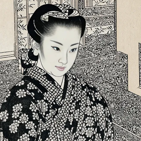 ink woodblock print (black and white) of a 32-year-old woman wearing a yukata from the edo period (elegant japan) windowsill han...