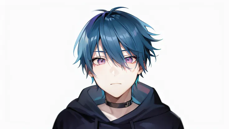 anime boy with blue hair and black hoodie looking at camera, kazuto okada, 2d anime style, young anime man, anime moe art style,...