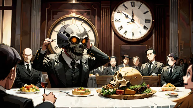 there is a man in a suit and a skull mask sitting at a table with a large plate of food, food is human pieces, there is a skull on a table, realistic robot of the last supper, on a dinner table, food is human pieces, death metal album cover, heavy metal ar...