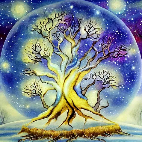 painting of a tree with a moon in the background, cosmic tree of life, cosmic tree, tree of life inside the ball, the world tree, magical tree, fantasy tree, world tree, tree of life seed of doubt, golden sacred tree, magic tree, the tree of life, tree of ...