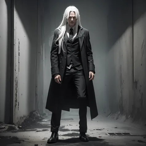 ((work of art)) man, full body, greenish and dirty skin, long hair up to the neck, straight white hair, black overcoat, dark sce...