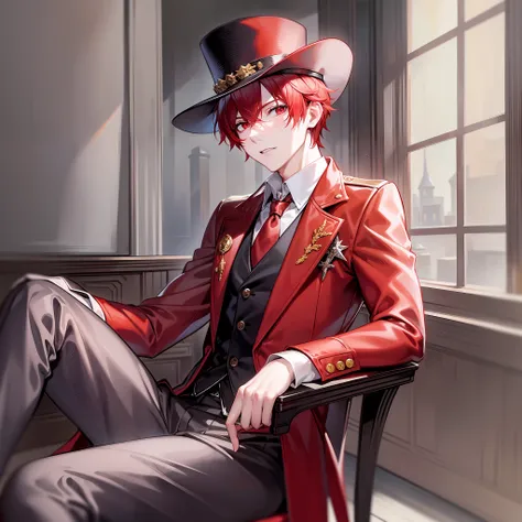 young man, red eyes, short red hair, pale skin, red coat, red top hat, red gloves, sitting on chair, in a dark room, looking at ...