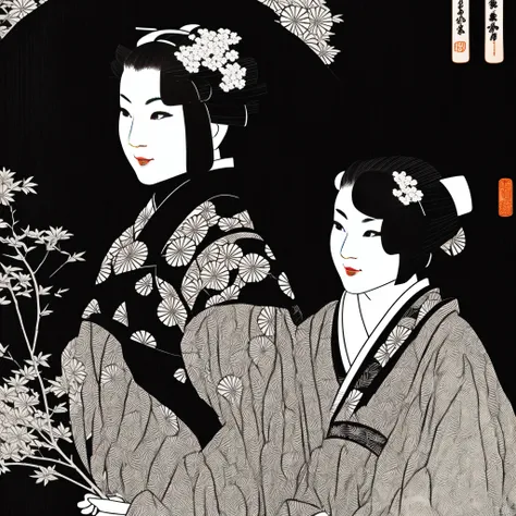 Ink woodblock print (black and white) of a 32-year-old woman wearing a yukata from the Edo period (elegant Japan) Windowside Touching cheeks Do not use color The presence of chafing