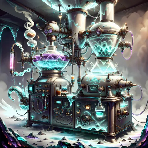 alchemypunkai frostracetech, cryogenic , ice formations, coffee machine in early 2000s style