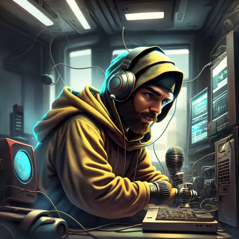 a strange hooded character, with a headset, and a microphone on his head, narrating something in front of the computer