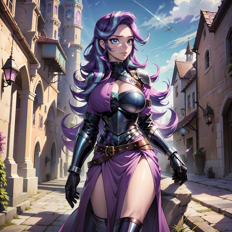 Starlight Glimmer, Starlight Glimmer from My Little Pony, Starlight Glimmer as Girl, Long Hair, Luxurious Hair, Lush Hair, Big Breasts, Voluminous Breasts, Lush Breasts, Armor, Europe, Middle Ages, Iron Armor, Leather Clothing, Magic, Magical Aura, Full-Le...