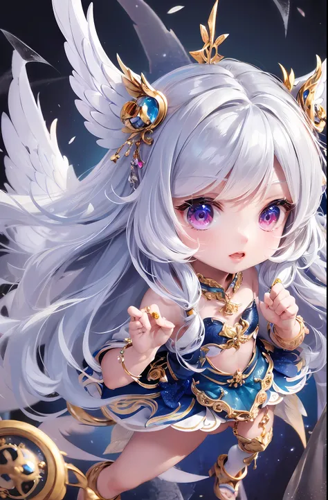 (Chibi: 1.2), (Masterpiece: 1.4), (Best Quality: 1.4), (Very Cute Angel Girl, Super Detailed Face, Jewel-like Eyes, White Very Long Hair, Colorful Gradient Hair: 1.4), (Angel Ring:
1.4), (Angel Wings: 1.4), (Full body, perfect 2 arms, perfect 2 legs: 1.4),...