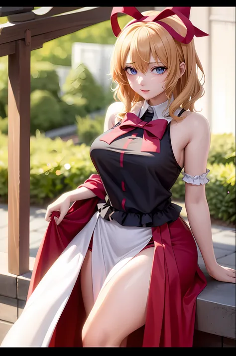 {{Masterpiece}}, {{sharp detail}}, {{tone mapping}}, {{Best Quality}}, {{High Resolution}}, {{Absurd resolution}}, Touhou, Medicine melancholy, {{shiny blonde Hair}}, {{short Hair}}, {{wavy hair}}, {{miko clothes}}, {{shrine maiden}}, {{large breasts}}, {w...