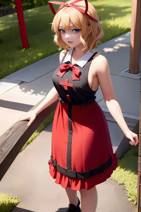 {{Masterpiece}}, {{sharp detail}}, {{tone mapping}}, {{Best Quality}}, {{High Resolution}}, {{Absurd resolution}}, Touhou, Medicine melancholy, {{shiny blonde Hair}}, {{short Hair}}, {{wavy hair}}, {{miko clothes}}, {{shrine maiden}}, {{large breasts}}, {w...