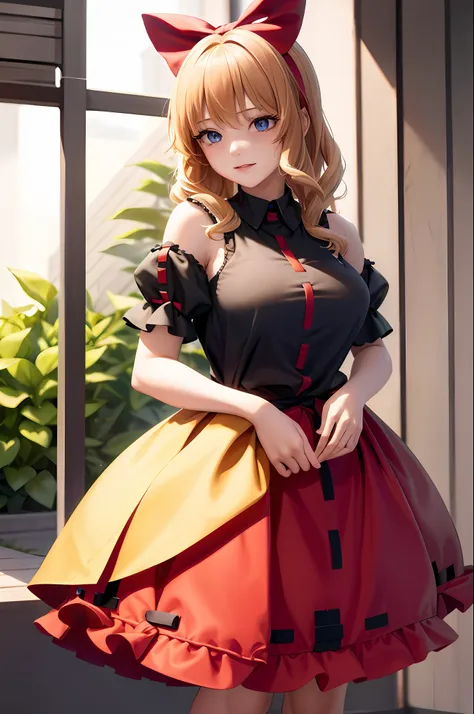 {{Masterpiece}}, {{sharp detail}}, {{tone mapping}}, {{Best Quality}}, {{High Resolution}}, {{Absurd resolution}}, Touhou, Medicine melancholy, {{shiny blonde Hair}}, {{short Hair}}, {{wavy hair}}, {{miko clothes}}, {{shrine maiden}}, {{large breasts}}, {w...