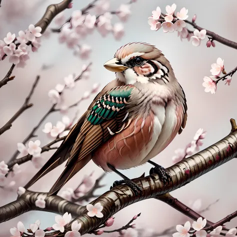 "sparrow bird with open wings perched on a cherry blossom branch, wings spread, wings spread upwards, masterpiece of superior qu...